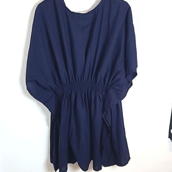 LaLeela Navy Cover-up with White Embroidered Neckline, Kimono Sleeves OSFM,NWOT - Picture 5 of 5